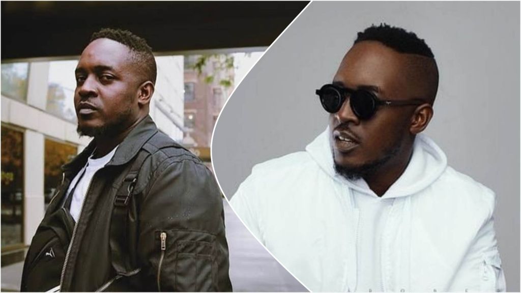 Side-by-side portraits of Nigerian rapper MI Abaga. The left image shows him in a black jacket outdoors, while the right shows him in a white hoodie and dark sunglasses against a plain backdrop.