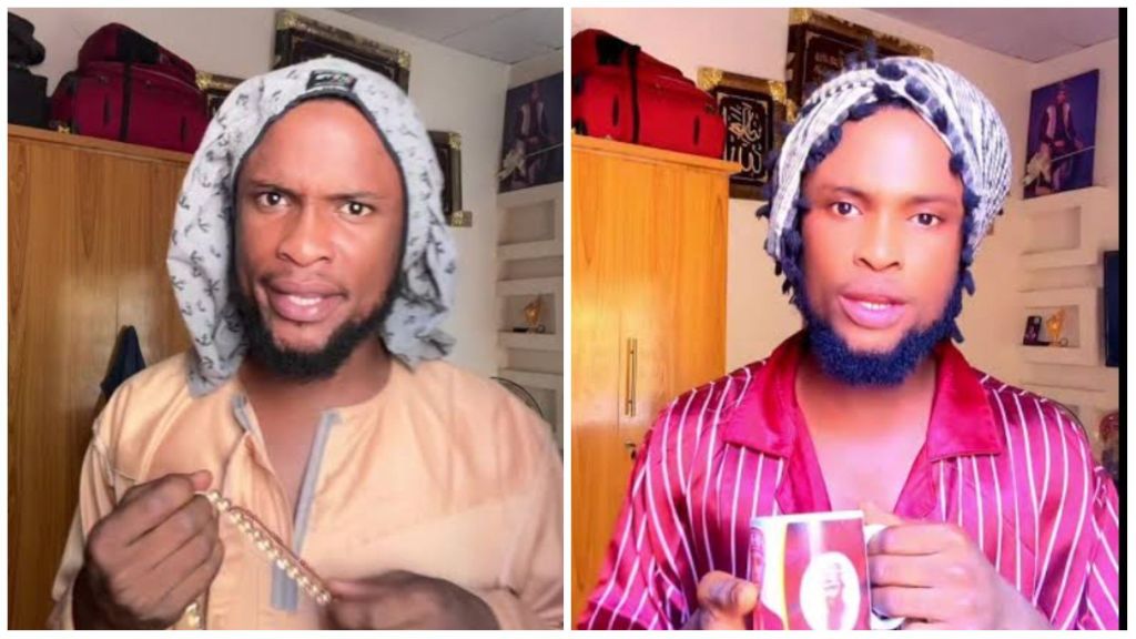Content creator Mia Wushirya appears in two clips — on the left wearing a light brown outfit with a scarf draped over his head while holding prayer beads, and on the right dressed in a striped red robe, holding a mug.