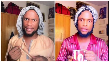 Content creator Mia Wushirya appears in two clips — on the left wearing a light brown outfit with a scarf draped over his head while holding prayer beads, and on the right dressed in a striped red robe, holding a mug.