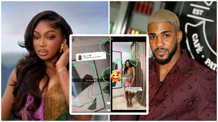 Side-by-side collage showing BBNaija stars Mide and Bright Morgan, with highlighted screenshots suggesting they are in the same apartment — matching wall art, curtains, and plant decor circled in green.