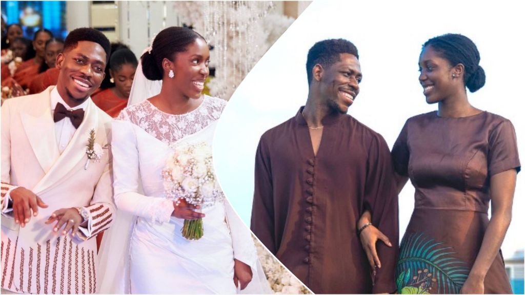 Collage of two photos of the same couple. Left: a smiling groom in a cream tux and bow tie walks with a bride in a white lace-sleeved gown holding a white bouquet, with bridesmaids behind them in a church aisle. Right: the pair stand outdoors in matching brown outfits, holding hands and smiling at each other.