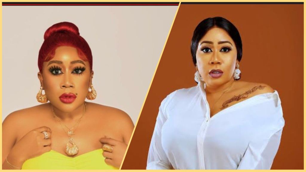 Side-by-side portraits of Nigerian actress Moyo Lawal, showing two different looks — one with red hair and yellow outfit, and the other with black hair and a white off-shoulder shirt, both posing against plain studio backgrounds
