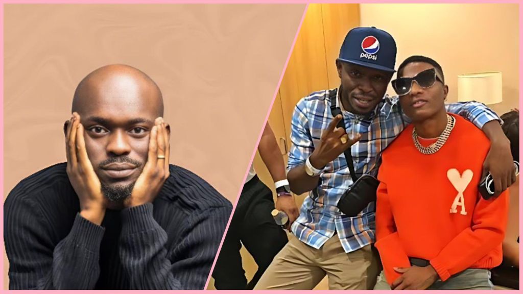 Nigerian comedian Mr Jollof and singer Wizkid appear in a collage; the left image shows Jollof in a contemplative pose, while the right shows both men smiling and posing together during an event.