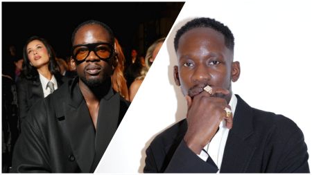 Nigerian singer Mr Eazi in two stylish portraits — on the left, seated at a fashion show in a black overcoat and tinted glasses; on the right, posing in a black suit with his hand on his chin, wearing gold rings.
