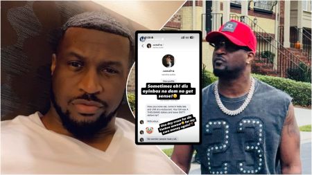 Collage showing Nigerian singer Peter Okoye (Mr P) in two different photos — one relaxed indoors wearing a white T-shirt, the other outdoors in a sleeveless shirt and red cap — alongside a screenshot of his Instagram Story displaying a DM from a waitress questioning his $60 tip after a $1,000 restaurant bill.