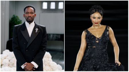 Nigerian singer Mr Eazi dressed in a black suit and white shirt at a formal event, and fashion entrepreneur Temi Otedola wearing a black floral-patterned gown on the runway.