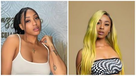 Side-by-side portraits of South African rapper Nadia Nakai; left image shows her in a white camisole with braided hair and minimal makeup, right image shows her with long yellow hair wearing a black-and-white checkered strapless top