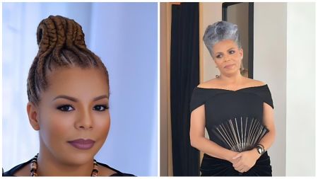 Side-by-side portraits of Nana Otedola, wife of Nigerian billionaire Femi Otedola. The left image shows her with a braided high-bun hairstyle and natural makeup, while the right image shows her in an elegant black off-shoulder gown with grey hair, standing indoors and smiling softly.