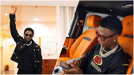 Side-by-side photo showing Nigerian comedian and singer Nasboi standing indoors with one arm raised, dressed in a black outfit and sunglasses, next to Afrobeats star Wizkid sitting inside a luxury car with orange interior, wearing a black designer shirt, gold chains, and sunglasses while using his phone.