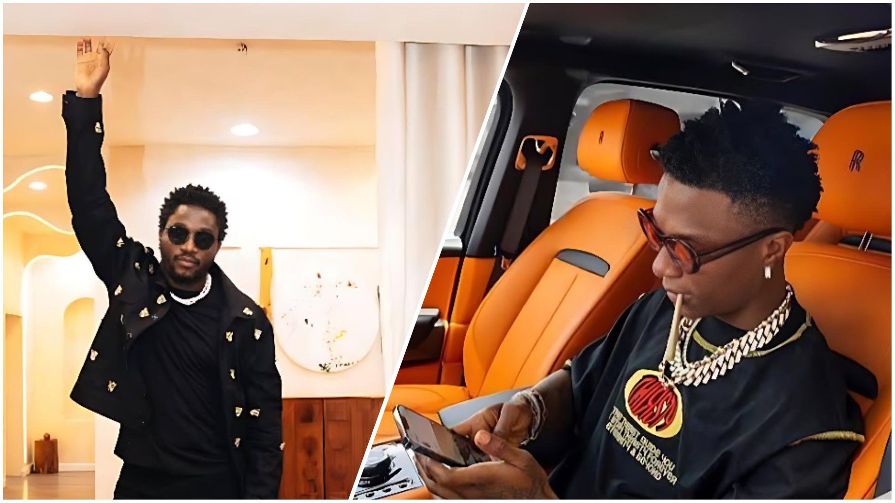 Side-by-side photo showing Nigerian comedian and singer Nasboi standing indoors with one arm raised, dressed in a black outfit and sunglasses, next to Afrobeats star Wizkid sitting inside a luxury car with orange interior, wearing a black designer shirt, gold chains, and sunglasses while using his phone.