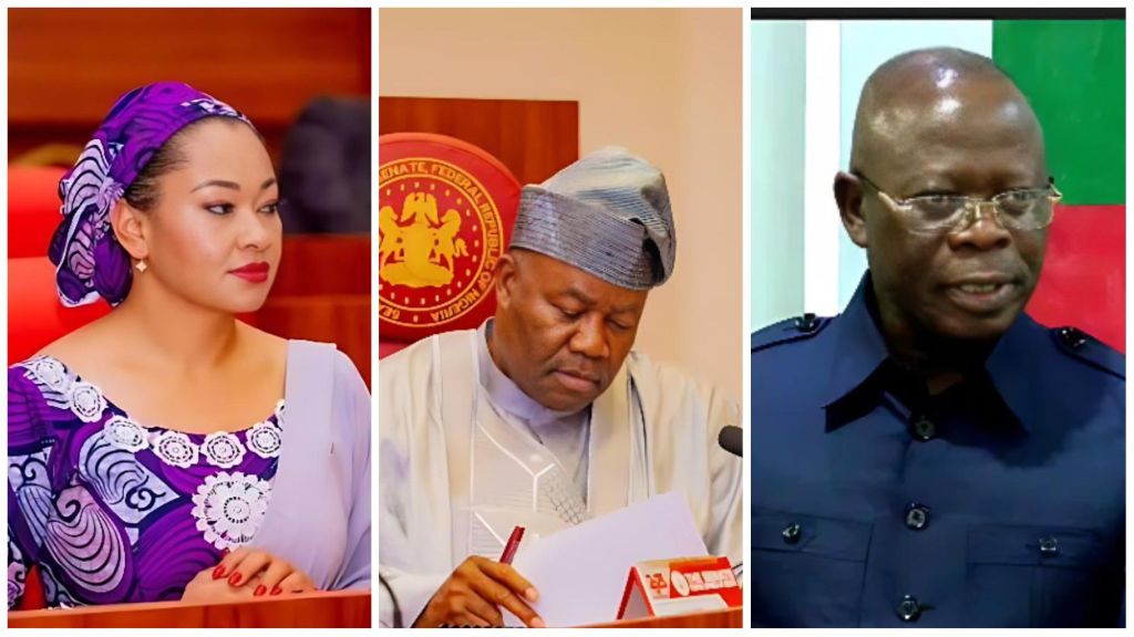 Senator Natasha Akpoti-Uduaghan seated in the Senate chamber, Senate President Godswill Akpabio reviewing documents at his desk, and Senator Adams Oshiomhole speaking during a session, all during a heated Senate proceeding.