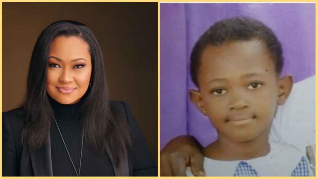 Side-by-side image showing Nigerian Senator Natasha Akpoti-Uduaghan in a black outfit with straight hair, next to a young girl identified as Ochanya Ogbanje wearing a blue checkered school uniform against a purple background.