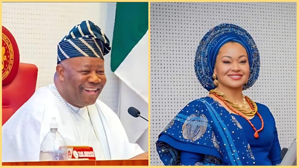 Senator Godswill Akpabio smiles during a Senate session, seated in front of a microphone, while Senator Natasha Akpoti-Uduaghan poses in a blue traditional outfit with matching headgear.