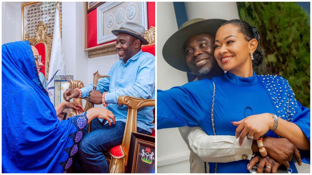 Senator Natasha Akpoti-Uduaghan and her husband, Chief Emmanuel Uduaghan, share joyful moments together in coordinated blue outfits during a recent public appearance.