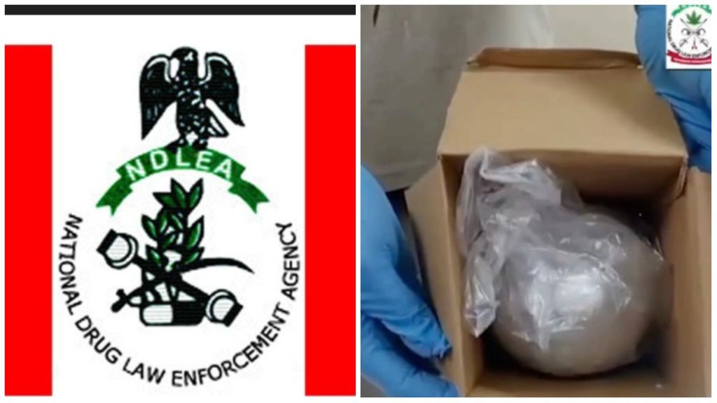 Split image showing the NDLEA logo beside a photo of a sealed drug parcel. The left side displays the official NDLEA emblem with a black eagle, green leaves, and crossed syringes, while the right side shows a gloved officer opening a box containing a plastic-wrapped substance.