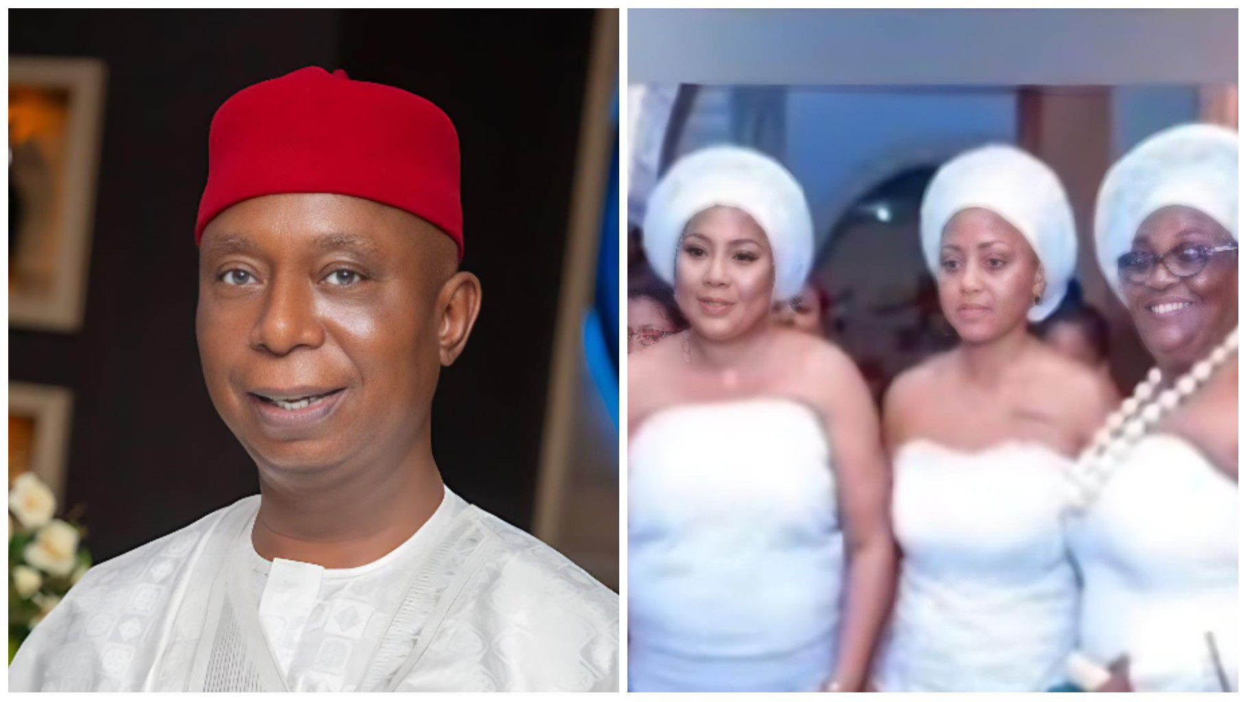 Senator Ned Nwoko smiling in a formal portrait beside a separate photo showing three women, including his wife Regina Daniels, dressed in coordinated white traditional outfits and headwraps during a public event.