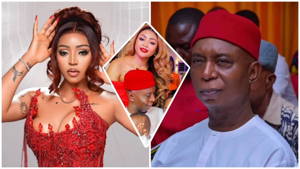 A photo collage showing Nigerian actress Regina Daniels in a red dress posing with her hands raised beside images of her husband, Senator Ned Nwoko, wearing a red cap.