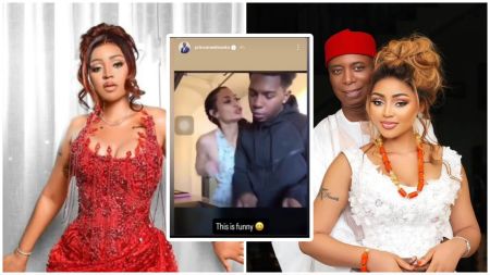Collage photo showing Regina Daniels in a red beaded gown on the left, a screenshot of Ned Nwoko’s Instagram Story in the centre showing a playful couple video with the caption “This is funny,” and on the right Regina Daniels in white traditional attire posing with her husband, Senator Ned Nwoko, who is wearing a red cap and white outfit.