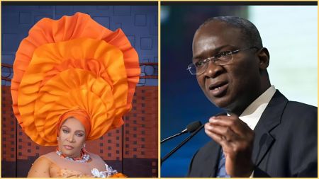 Split photo showing veteran Nollywood actress Ngozi Nwosu wearing an elaborate orange gele and traditional attire on the left, and former Lagos State Governor Babatunde Raji Fashola speaking at a podium on the right.