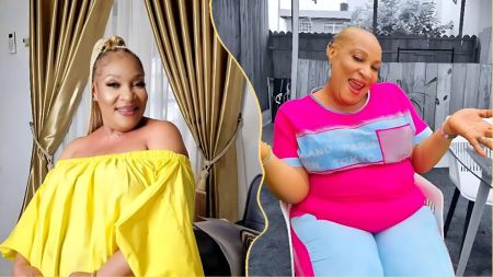 Veteran Nollywood actress Ngozi Nwosu smiles in two cheerful portraits — one showing her in a bright yellow off-shoulder blouse by golden drapes, and the other in a pink-and-blue lounge outfit outdoors, radiating confidence and joy.