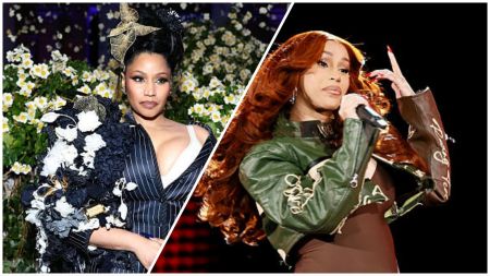Split image showing Nicki Minaj wearing a dramatic floral outfit with a deep neckline on the left, and Cardi B performing on stage in a green leather jacket while holding a microphone on the right.