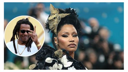 Nicki Minaj poses on a red carpet wearing a black floral gown with gold leaf hair accessories, while an inset photo shows Jay-Z smiling and raising a hand gesture in sunglasses and a white shirt.
