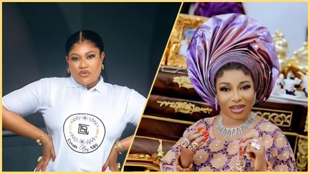 Side-by-side image of Nigerian actresses Nkechi Blessing Sunday and Liz Anjorin. Nkechi Blessing poses confidently in a white branded polo shirt with her hands on her hips, while Liz Anjorin sits elegantly dressed in a lilac and gold lace outfit, accessorised with a large purple gele and diamond jewellery.