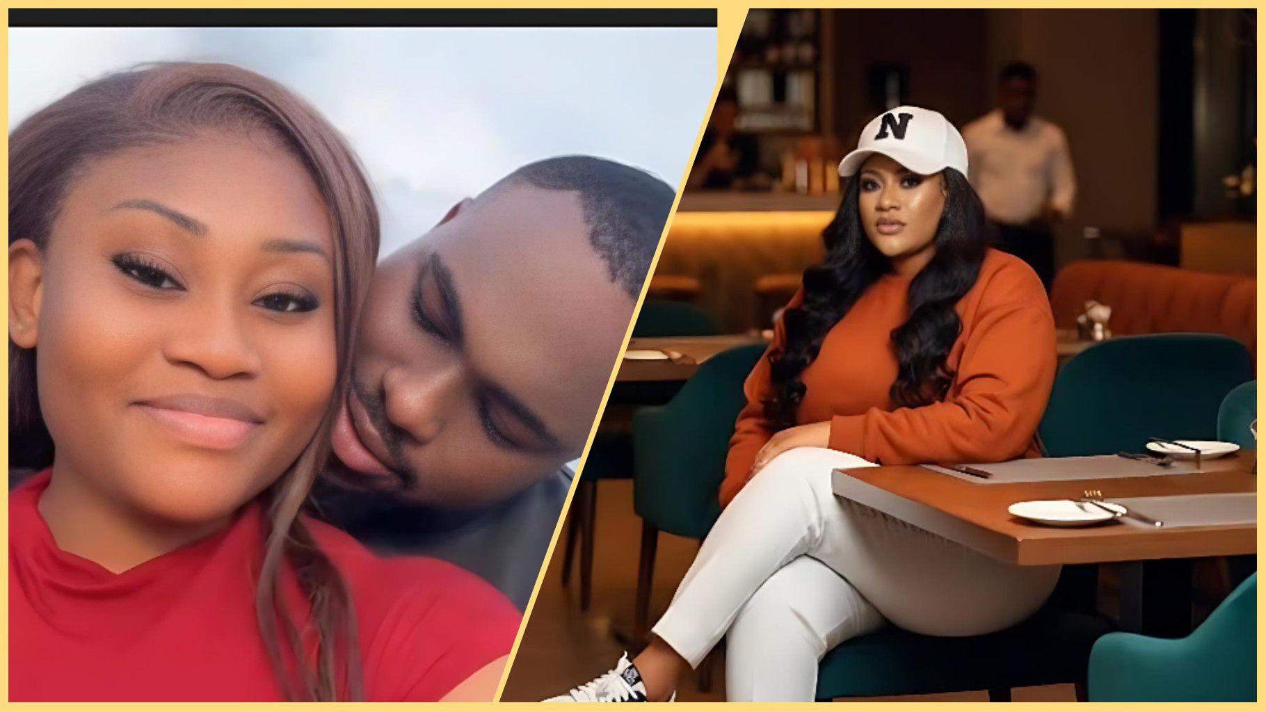Split collage showing Nkechi Blessing seated alone in a restaurant wearing an orange sweatshirt and white cap with the letter “N,” beside a photo of her ex-boyfriend Eseoghene affectionately posing with his new partner in a close-up selfie.