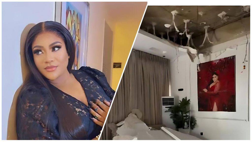 Split image showing Nigerian actress Nkechi Blessing Sunday in a black lace outfit on the left, and a damaged section of her Lekki apartment ceiling with debris on the floor on the right.