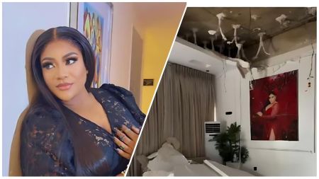 Split image showing Nigerian actress Nkechi Blessing Sunday in a black lace outfit on the left, and a damaged section of her Lekki apartment ceiling with debris on the floor on the right.