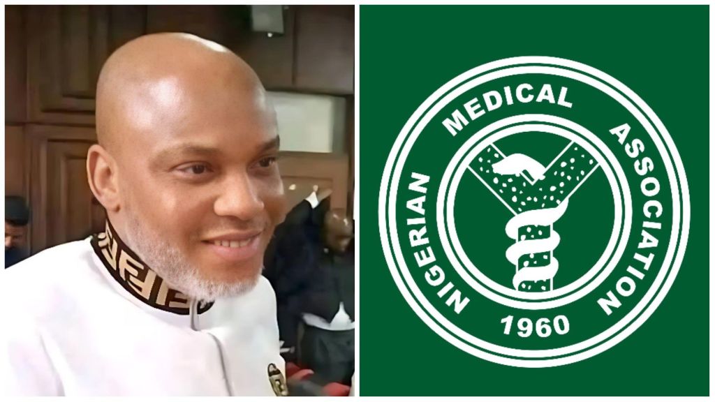 Nnamdi Kanu smiling inside a courtroom, wearing a white outfit with a black patterned collar, placed beside the green and white logo of the Nigerian Medical Association showing a handshake and serpent-wrapped staff