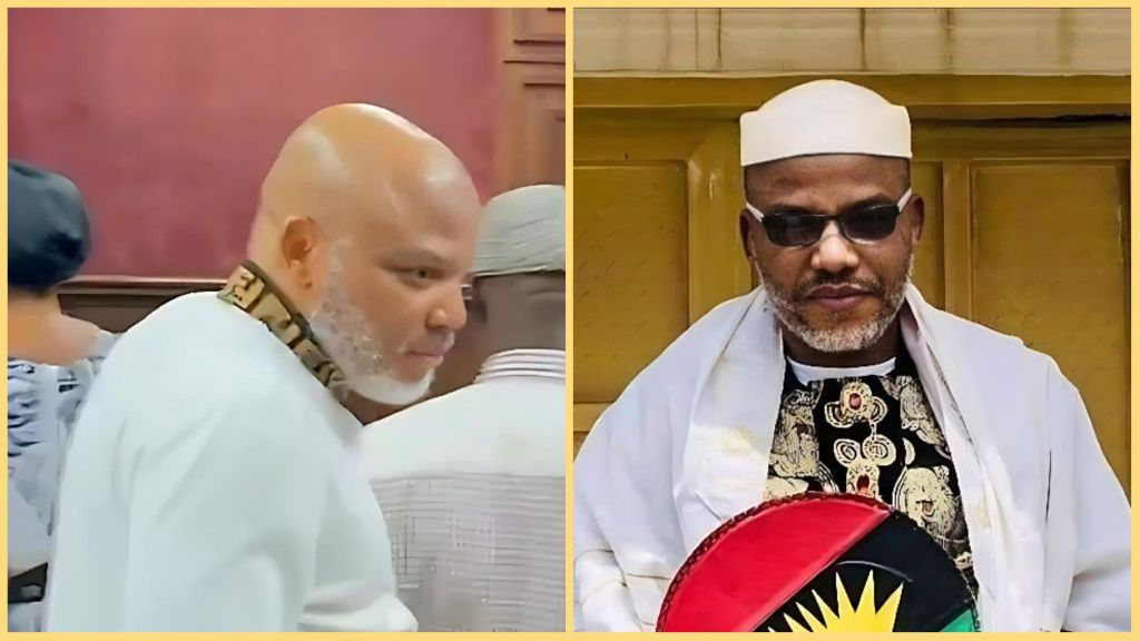 Side-by-side photos of Nnamdi Kanu inside a courtroom and in traditional attire. On the left, he wears a white outfit with a designer collar, looking focused during a court session. On the right, he dons white Igbo regalia, dark sunglasses, and holds a round Biafran-coloured fan with a rising sun emblem.