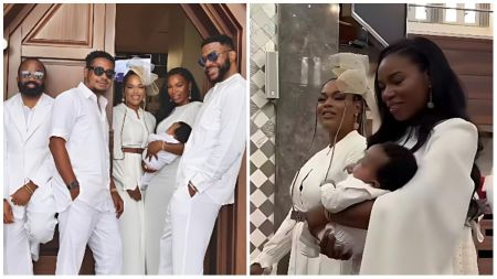 Noble Igwe and guests pose at his child’s baptism ceremony, all dressed in coordinated white outfits. The second photo shows the baby’s mother holding the infant beside another elegantly dressed woman inside the church.
