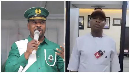 A photo collage showing the NURTW leader Musiliu Akinsanya, popularly known as MC Oluomo, speaking into a microphone while dressed in a green uniform with a matching cap, and another man, Sego, dressed in a white traditional outfit with a brown cap, standing indoors.