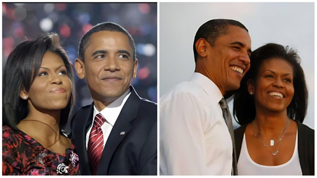 Side-by-side photos showing Barack Obama and his wife Michelle Obama sharing warm moments together — on the left, they pose at a public event, and on the right, they smile while standing outdoors in natural light.