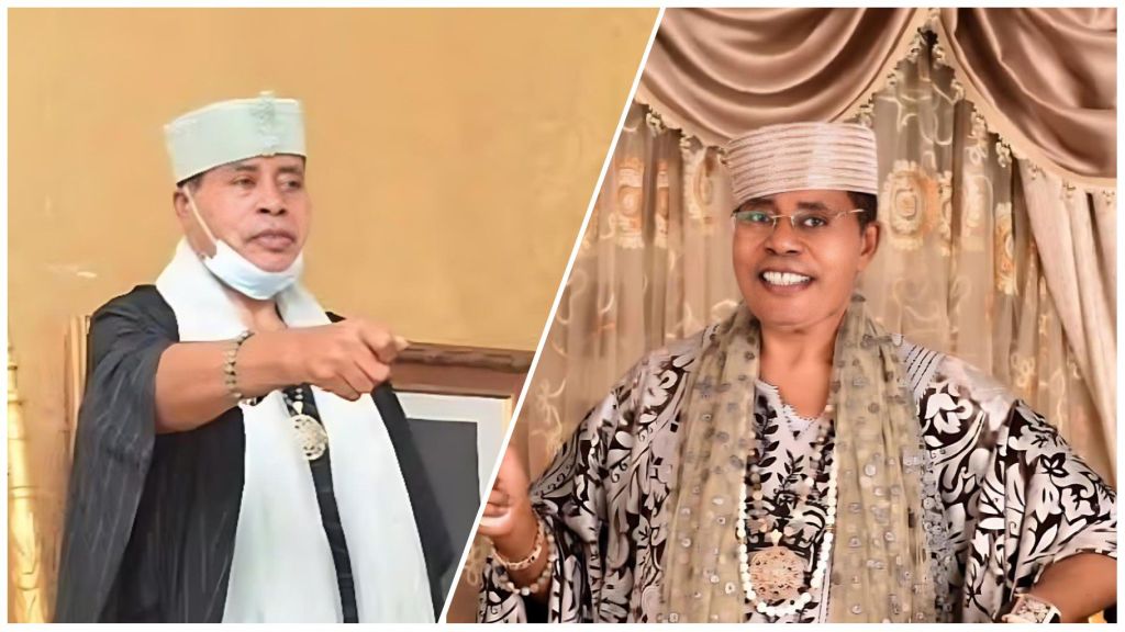 Side-by-side photos of His Imperial Majesty Oba Fredrick Enitiolorunda Obateru Akinruntan, the Olugbo of Ugbo Kingdom in Ondo State. The monarch is seen wearing traditional Yoruba royal attire and a beaded cap, one image showing him gesturing forward during a ceremony, and the other smiling in a richly patterned agbada before gold curtains.