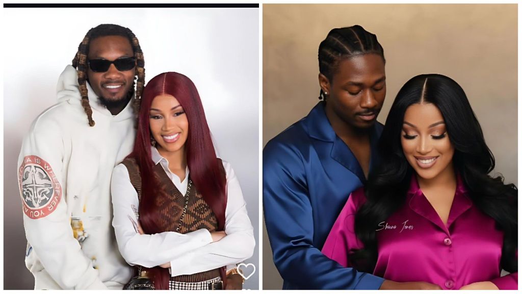 Side-by-side portraits of rapper Offset and his wife, Cardi B. The first image shows Offset in a white hoodie and sunglasses, smiling beside Cardi B, who has long red hair and wears a white shirt layered with a brown vest. The second image captures Offset in a blue silk shirt gently holding Cardi B, dressed in a pink satin outfit, as they smile warmly.