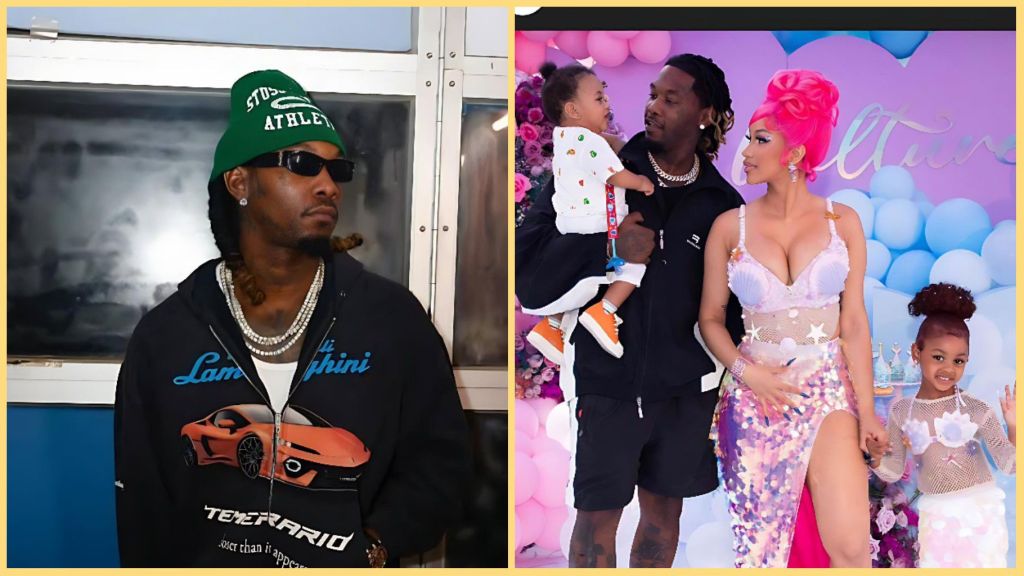 Offset and Cardi B pose during a family moment — Offset wearing a green beanie and dark hoodie in one frame, and in another, holding their young child beside Cardi B and their daughter at a pastel-themed event.
