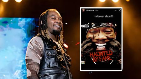 Offset smiles on stage wearing a black leather vest, beside an inset screenshot from his Instagram Story announcing his Halloween album Haunted By Fame, featuring a close-up stitched face cover art with gloved hands pulling his mouth into a wide grin.
