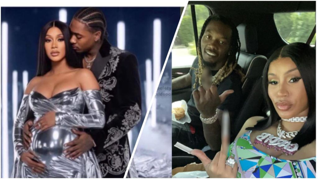 Split image showing two photos of Cardi B. Left: Cardi B in a silver maternity-style outfit posing in front of glowing light pillars while Stefon Diggs stands behind her, holding her baby bump. Right: Cardi B in a patterned outfit sitting in a car beside Offset; both of them are holding up their middle fingers to the camera.