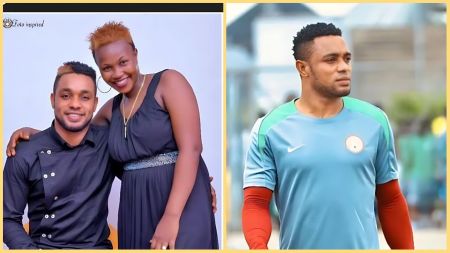 Super Eagles goalkeeper Ojo Olorunleke pictured with his wife Tosin Olorunleke smiling in coordinated black outfits, alongside a separate image of Ojo in a training jersey during a football session.