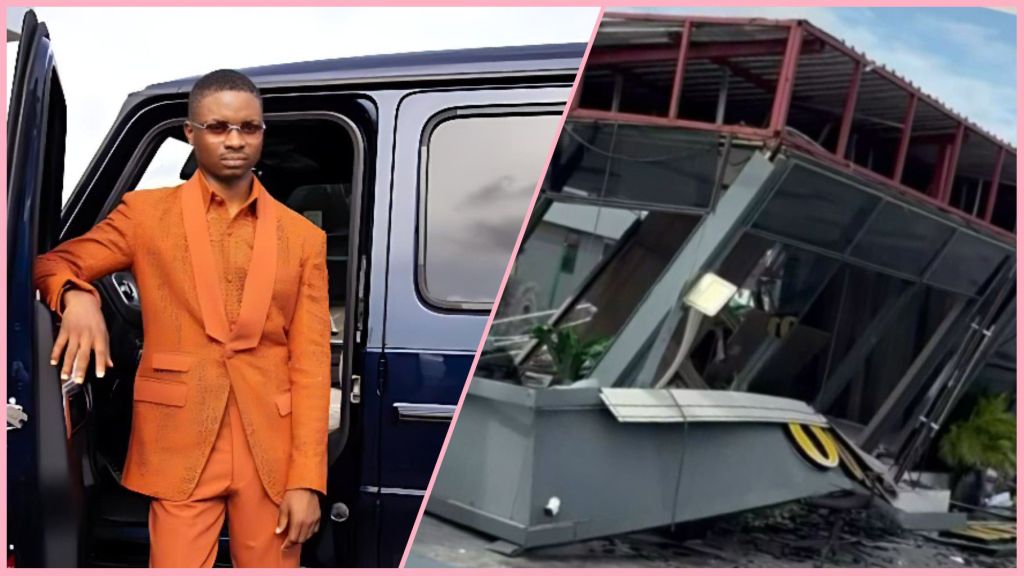 Ola of Lagos poses beside a luxury vehicle in an orange suit, while an image beside him shows the collapsed structure of a demolished automobile showroom reportedly linked to the Skyewise Group.