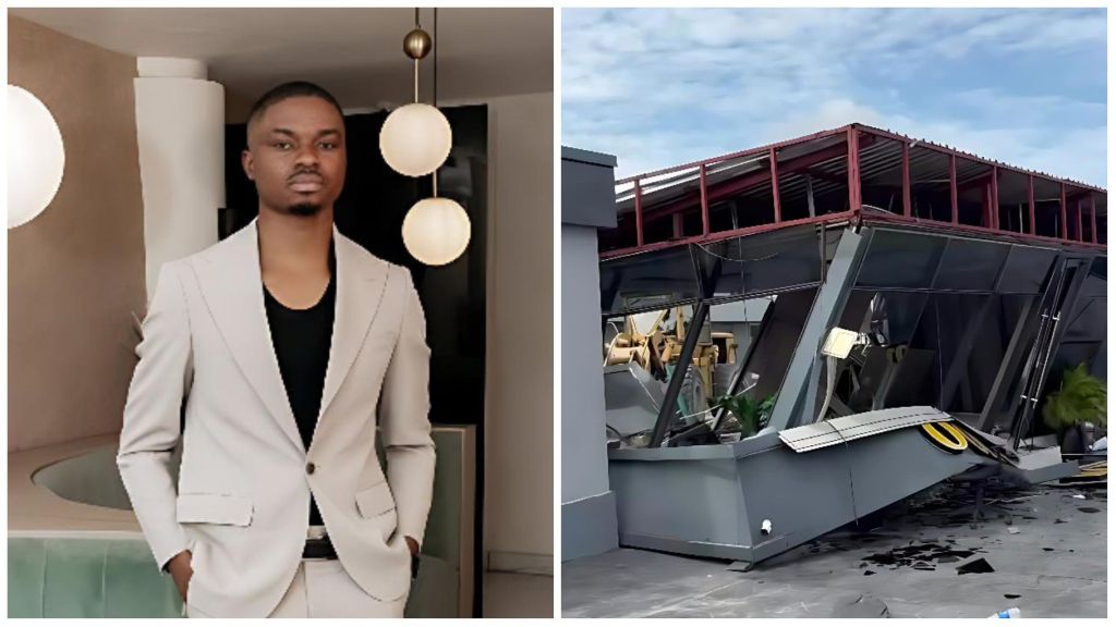 Businessman Ola of Lagos stands indoors wearing a light beige suit, while the second image shows the aftermath of a demolition at his luxury car lot building.