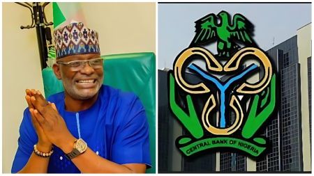 A collage showing Nigerian lawmaker Rep Olufemi Bamisile and the Central Bank of Nigeria (CBN) headquarters. On the left, Bamisile smiles while seated, dressed in a blue traditional outfit and cap, with his hands clasped. On the right, the CBN logo is displayed on the front of its corporate headquarters building in Abuja.