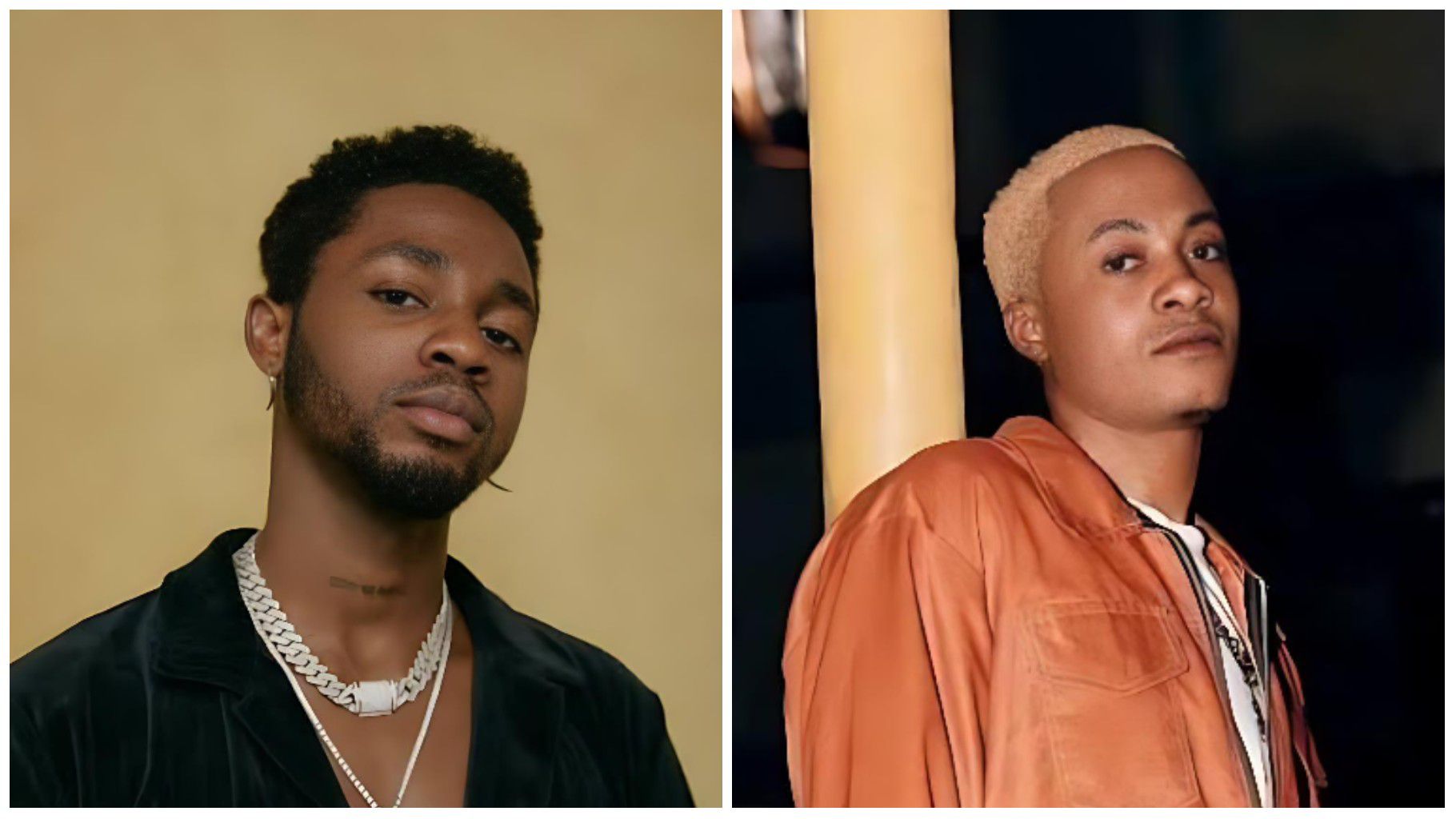 Nigerian music stars Omah Lay and Cazulee pose stylishly in separate portraits. Omah Lay wears a dark velvet shirt with layered silver chains against a warm background, while Cazulee sports a light orange jacket and blonde hair, leaning casually against a pole.