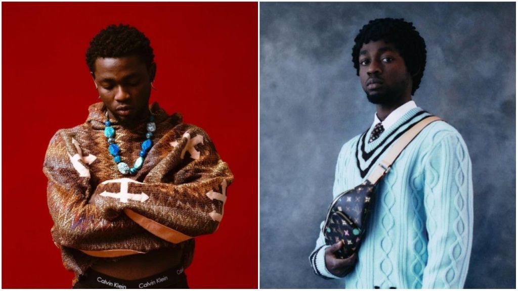 Nigerian singer Omah Lay poses in two stylish portraits — on the left in a patterned brown hoodie and blue beaded necklace against a red backdrop, and on the right in a light blue sweater with a Louis Vuitton crossbody bag and tie against a grey background.