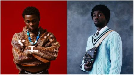 Nigerian singer Omah Lay poses in two stylish portraits — on the left in a patterned brown hoodie and blue beaded necklace against a red backdrop, and on the right in a light blue sweater with a Louis Vuitton crossbody bag and tie against a grey background.