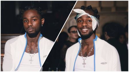 A collage featuring Nigerian Afrobeats singer Omah Lay in two stylish moments. On the left, he poses indoors wearing a white zip-up jacket with blue accents, a white vest, and a silver cross necklace, giving a calm expression. On the right, he smiles brightly while wearing the same outfit with a patterned bandana tied around his head at an event.