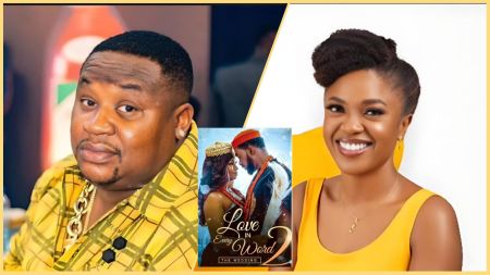 Omoni Oboli and Cubana Chief Priest pictured side by side with a poster of Love In Every Word 2: The Wedding at the centre. The image shows Oboli smiling in a yellow outfit while Cubana Chief Priest appears in a patterned yellow shirt.