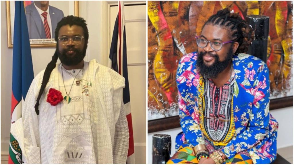 Author Onyeka Nwelue is seen in two portraits. The first image shows him wearing a white agbada with a red flower pinned to his chest, standing in front of flags and framed portraits. The second image shows him seated and smiling, dressed in a colourful patterned outfit with a blue floral jacket and traditional African accessories.